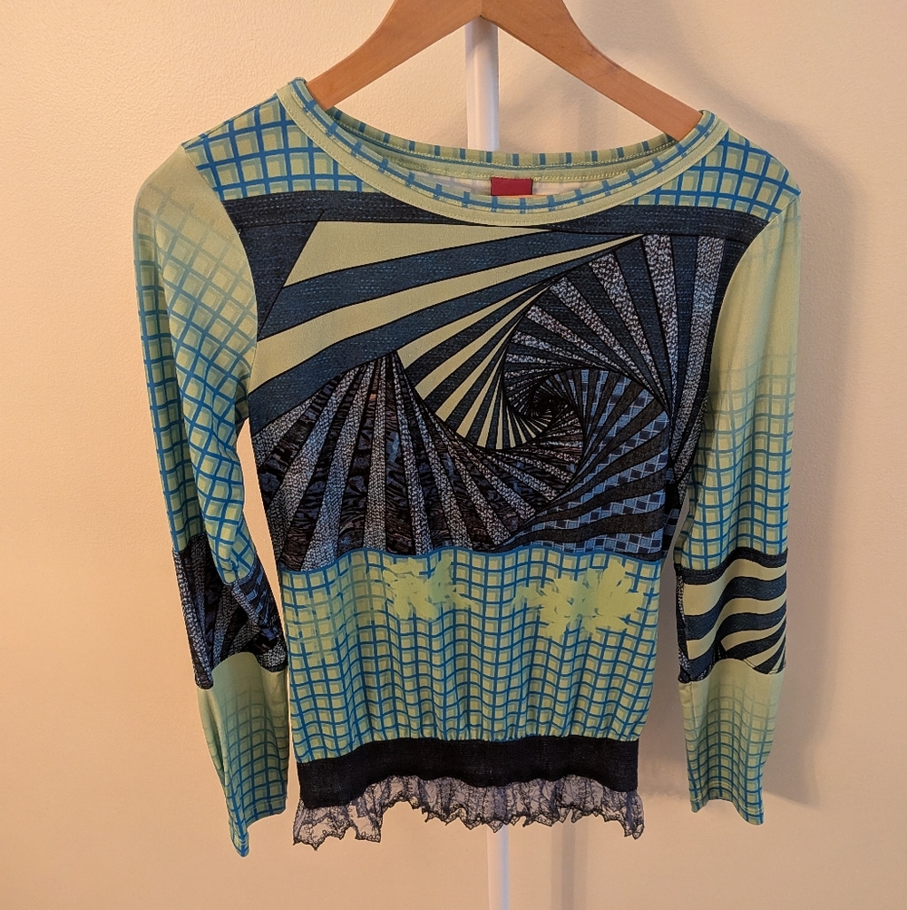 Save The Queen, Blue and Green Geometric Long Sleeve Top, Size Small